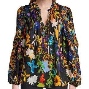 Kobi Halperin Silk Floral Ruched Raw Edge Peasant Blouse XS